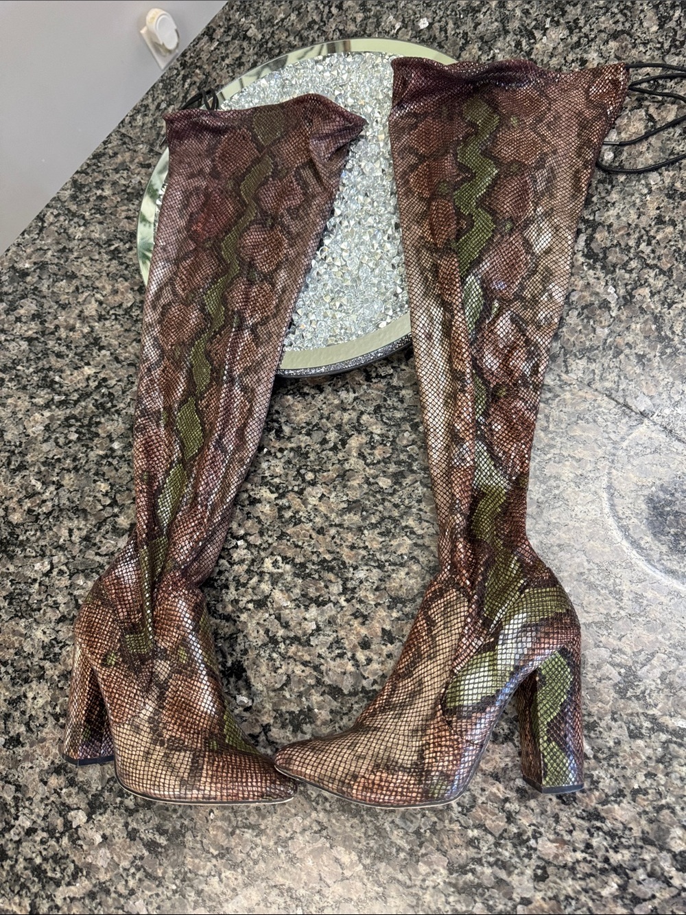 Shoe Dazzle Brown & Green Snake-Print Over-the-Knee Boots